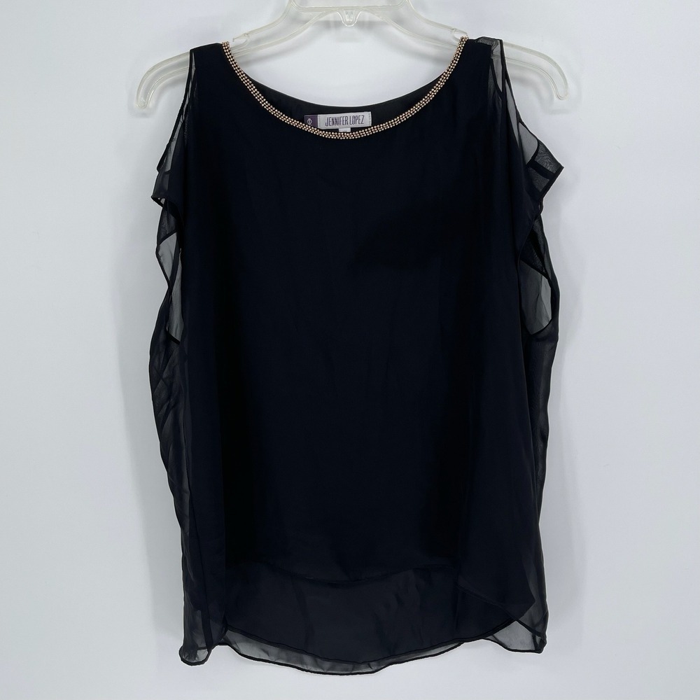 Jennifer Lopez‎ Women's Black Beaded Cold Shoulder Chiffon Blouse Size XS